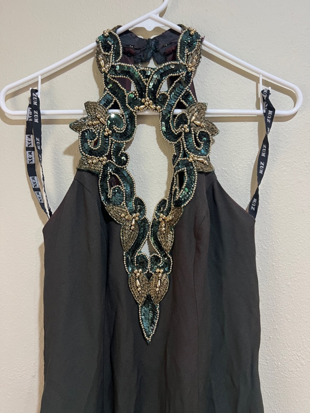 Vintage Green Dress with Gold & Green Embellished Halter Neck